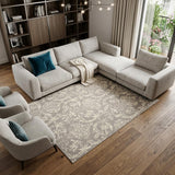 6' X 9' Gray and Ivory Damask Power Loom Distressed Area Rug