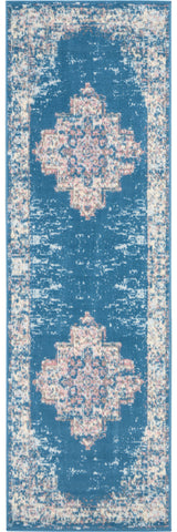 8' Blue Damask Power Loom Runner Rug