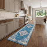 8' Blue Damask Power Loom Runner Rug