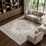 6' X 9' Ivory Pink And Blue Medallion Area Rug