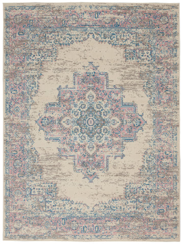 6' X 9' Ivory Pink And Blue Medallion Area Rug