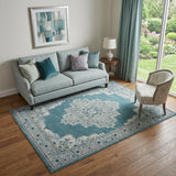 5' X 7' Aqua Floral Power Loom Distressed Area Rug