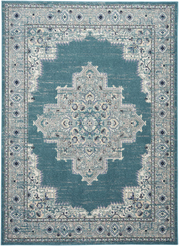 5' X 7' Aqua Floral Power Loom Distressed Area Rug