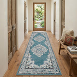 10' Gray And Aqua Oriental Distressed Runner Rug
