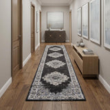 10' Black And Ivory Floral Distressed Runner Rug