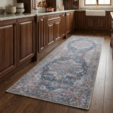 8' Blue Floral Power Loom Distressed Washable Runner Rug