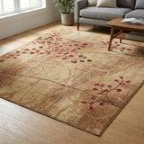 7' Brown and Red Square Floral Power Loom Area Rug