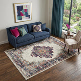 5' X 7' Cream Floral Power Loom Distressed Area Rug
