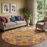 8' Gold Round Floral Power Loom Area Rug