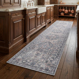 8' Gray Floral Power Loom Distressed Washable Runner Rug