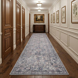 10' Gray Floral Power Loom Distressed Washable Runner Rug