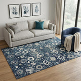 5' X 7' Navy Blue Floral Power Loom Distressed Area Rug