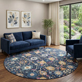 8' Navy Blue Round Floral Power Loom Area Rug