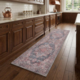8' Red Floral Power Loom Distressed Washable Runner Rug