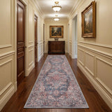 10' Red Floral Power Loom Distressed Washable Runner Rug