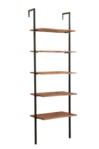 72" Brown Metal and Solid Wood Five Tier Ladder Bookcase