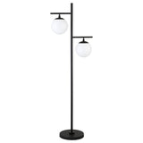 71" Black And White Two Light Tree Floor Lamp With White Glass Globe Shade
