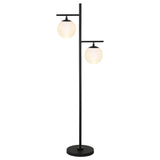 71" Black And White Two Light Tree Floor Lamp With White Glass Globe Shade