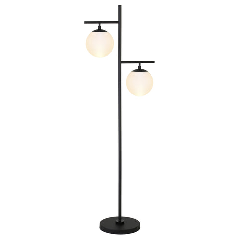 71" Black And White Two Light Tree Floor Lamp With White Glass Globe Shade
