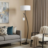 59" Matte Black Dual Arc Floor Lamp With White Drum Shade