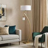 59" Gold And White Arc Floor Lamp With White Fabric Drum Shade