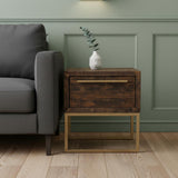 18" Antiqued Brass And Brown Reclaimed Wood End Table With Drawer