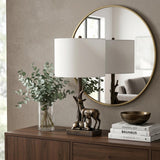 20" Bronze Mom and Baby Deer Table Lamp With White Drum Shade