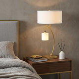 29" Gold Metal Two Light Arched Table Lamp With White Drum Shade