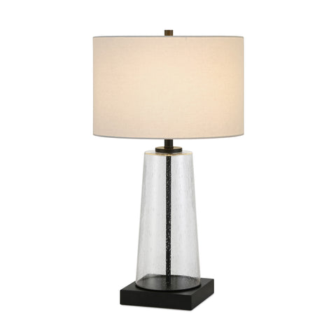 27" Black and Clear Metal and Glass Table Lamp With White Drum Shade
