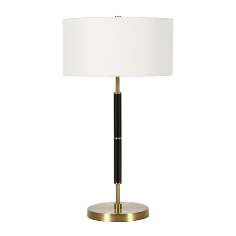 25" Black and Gold Metal Two Light Table Lamp With White Drum Shade