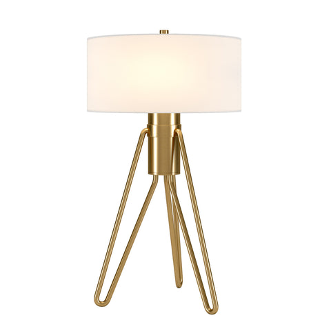 25" Brass Metal Two Light Tripod Table Lamp With White Drum Shade