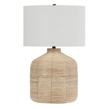 27" Natural Rattan Table Lamp With White Drum Shade