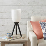 23" Black Solid Wood Tripod Table Lamp With White Ribbed Glass Shade