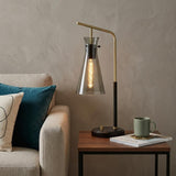 24" Black and Gold Metal Desk Lamp With Light Gray Cone Shade