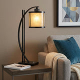 26" Black Metal Lantern Table Lamp With White Drum Shade