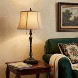 31" Black Metal Two Light Candlestick Table Lamp With Beige Empire Shade