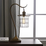 25" Antiqued Brass Metal Lantern Desk Lamp With Antiqued Brass Drum Shade