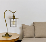 25" Antiqued Brass Metal Lantern Desk Lamp With Antiqued Brass Drum Shade