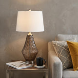 31" Gray Metal Geometric Table Lamp With Off White Empire Shade