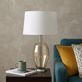 29" Nickel Metal Round Table Lamp With White Drum Shade