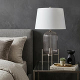 33" Nickel Glass Round Table Lamp With White Empire Shade