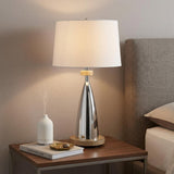 31" Brown Metal Geometric USB Table Lamp With White Empire Shade