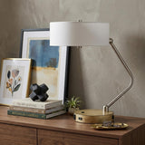 20" Brown Metal Two Light Lantern Desk USB Table Lamp With White Drum Shade