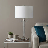 31" Silver Metallic Metal Two Light Cylinder Table Lamp With White Drum Shade