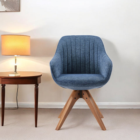 23" Blue Fabric And Natural Swivel Accent Arm Chair