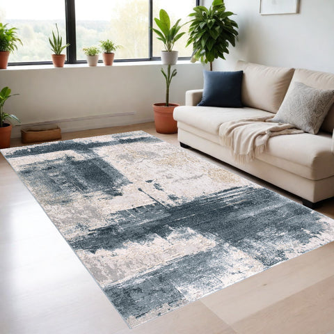 4' X 6' Blue And Beige Abstract Washable Area Rug