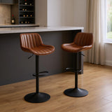 Set of Two Chestnut And Black Faux Leather And Steel Low Back Adjustable Height Swivel Bar Chairs