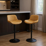 Set of Two Yellow And Black Faux Leather And Steel Low Back Adjustable Height Swivel Bar Chairs