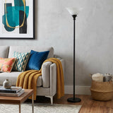 71" Black Torchiere Floor Lamp With Black Glass Dome Shade