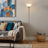 71" Nickel Torchiere Floor Lamp With Clear Frosted Glass Dome Shade